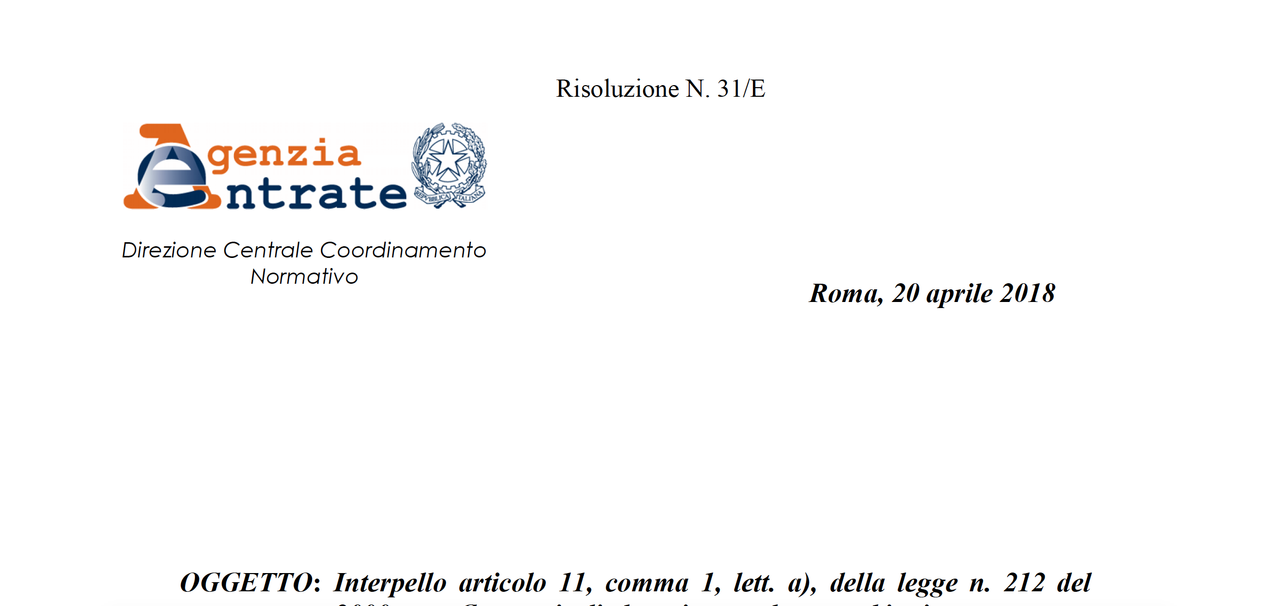 Agenzia delle Entrate Risoluzione n. 31 E del 20/04/2018