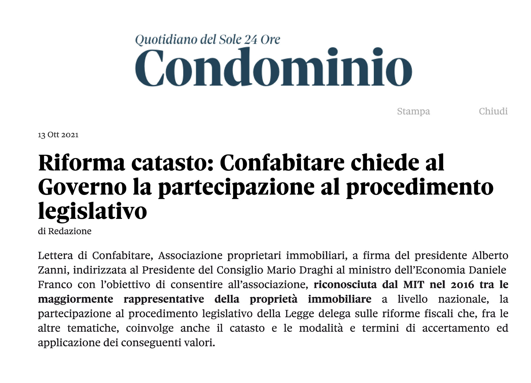 Confabitare chiede al Governo la partecipazione al procedimento legislativo