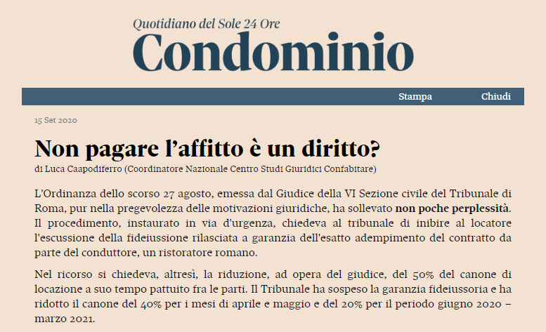 Posizione chiara del Centro studi di Confabitare attraverso il suo coordinatore nazionale Avv. Luca Capodiferro