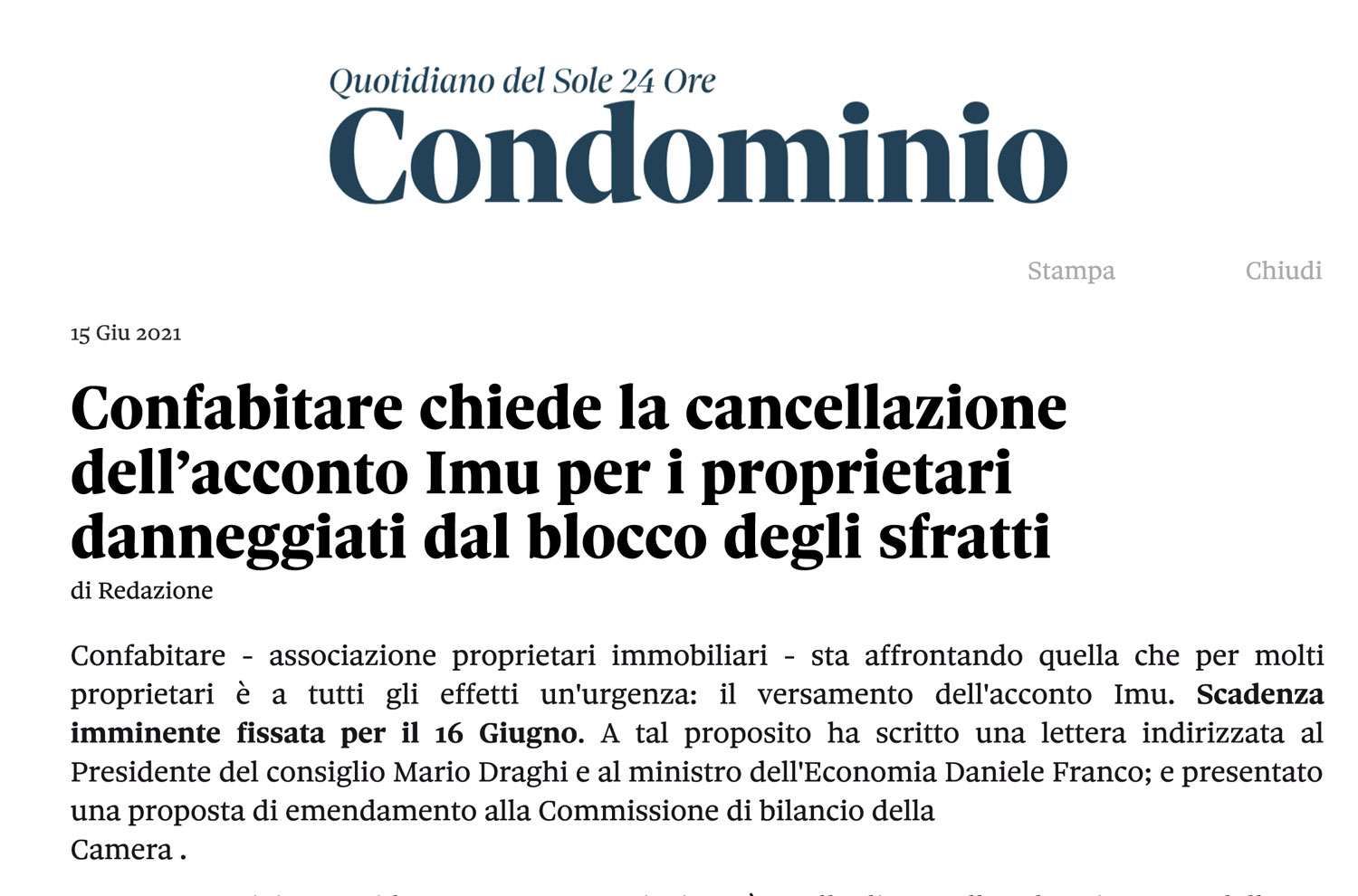 Il Sole 24 ore – Confabitare chiede la cancellazione dell’acconto Imu per i proprietari danneggiati dal blocco degli sfratti