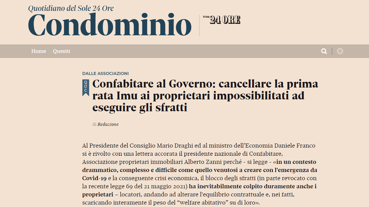 Confabitare al Governo: cancellare la prima rata Imu ai proprietari impossibilitati ad eseguire gli sfratti