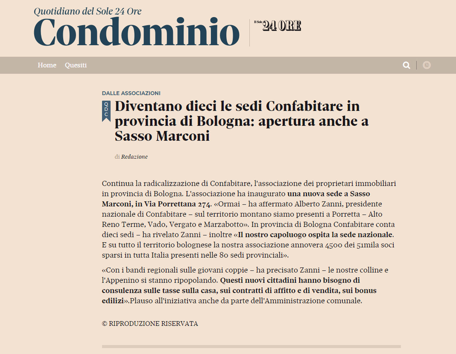 Diventano dieci le sedi Confabitare in provincia di Bologna: apertura anche a Sasso Marconi