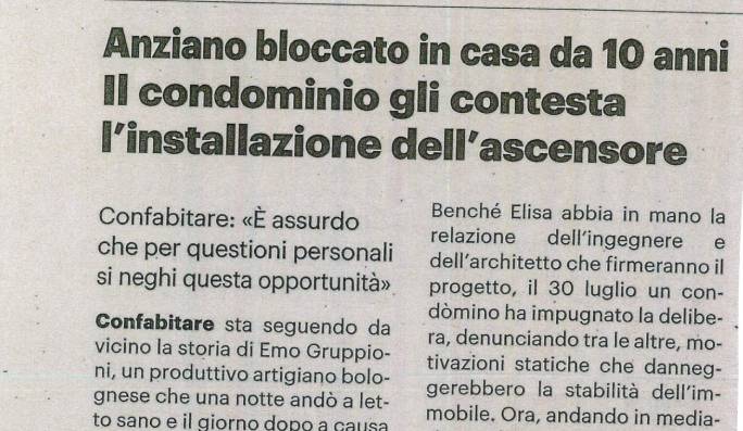 Anziano bloccato in casa da 10 anni. Il condominio gli contesta l’installazione dell’ascensore