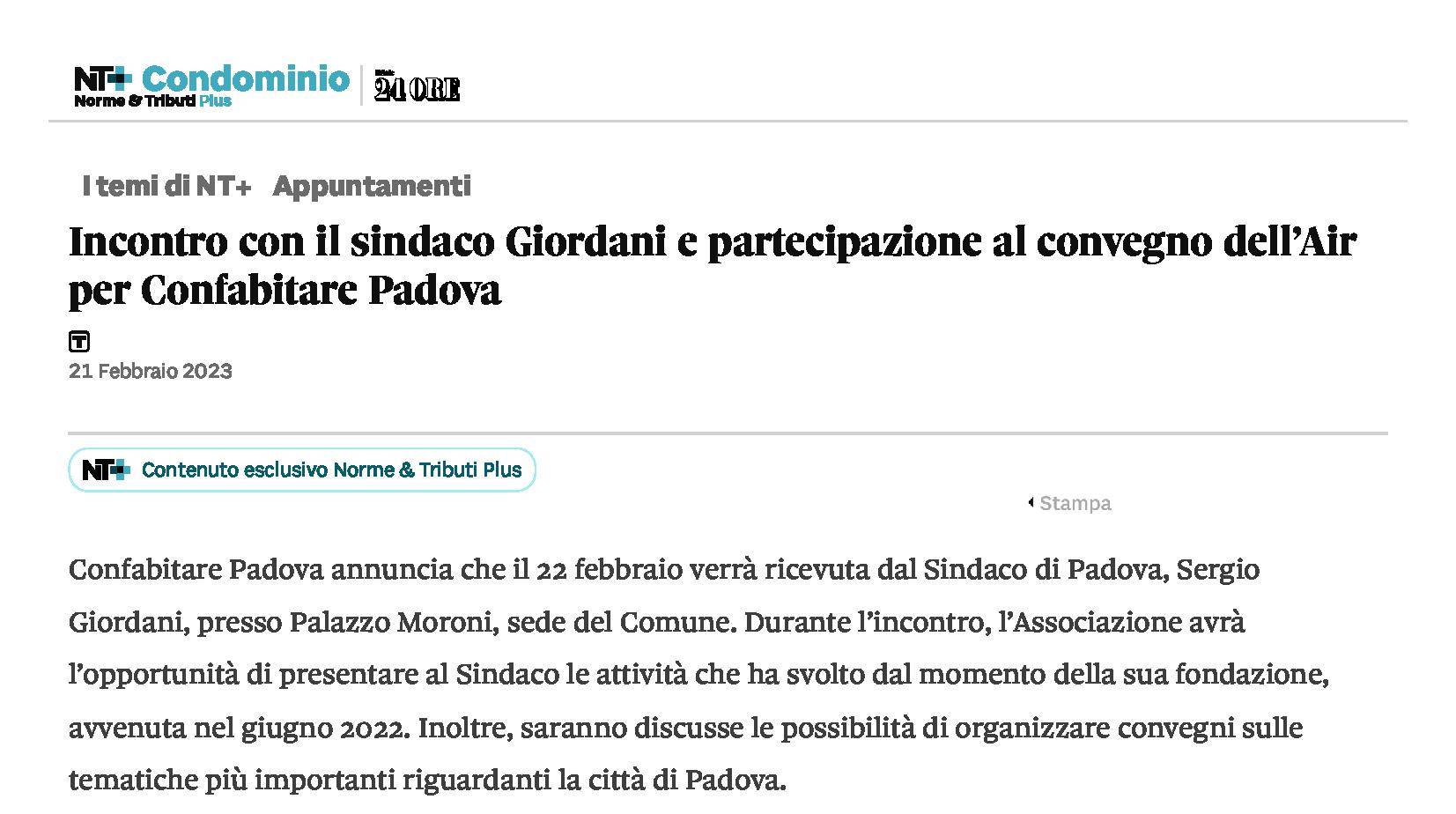 Incontro con il sindaco Giordani e partecipazione al convegno dell’Air per Confabitare Padova