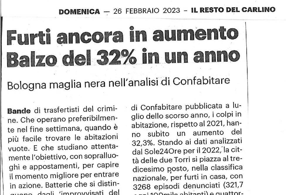 Furti ancora in aumento. Balzo del 32% in un anno