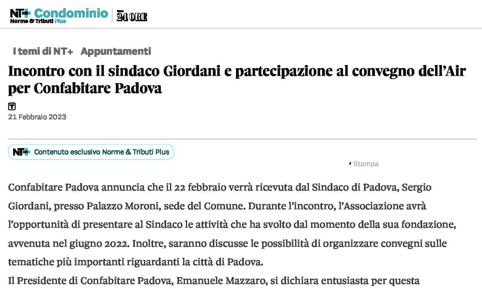 Incontro con il Sindaco Giordani e partecipazione al convegno dell’Air per Confabitare Padova